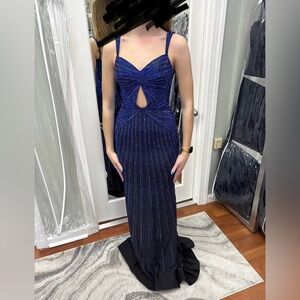 Sherri Hill Elegant Navy Blue Beaded Evening Gown